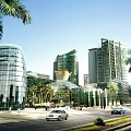 Modern Commercial Complex Design With Glass Curtain Walls Palm Trees Cars And Pedestrians On Street
