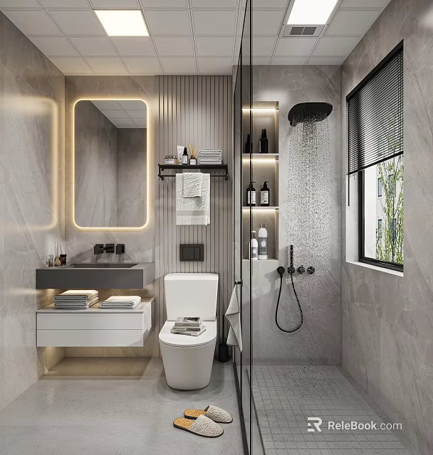 Modern Bathroom Interior With Illuminated Mirror Marble Walls Vanity Toilet And Open Shelves 3d model 
