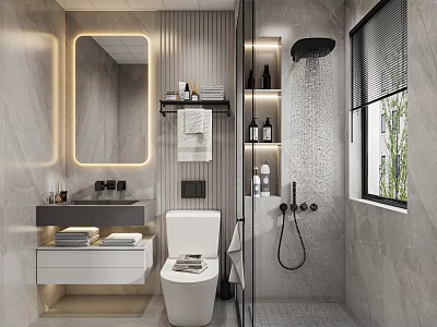 Modern Bathroom Interior With Illuminated Mirror Marble Walls Vanity Toilet And Open Shelves 3d model