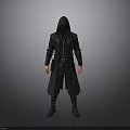Detailed Black Hooded Robe Costume With Leather Zipper Belt And Long Boots