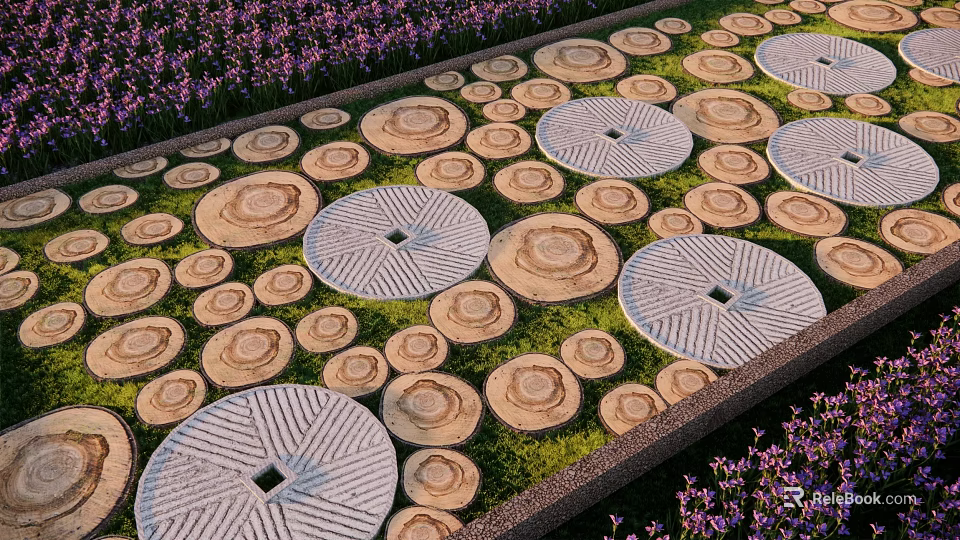 Circular Stepping Stones Path in Garden With Green Grass and Purple Flowers 3d model 