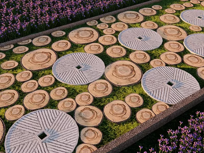 Circular Stepping Stones Path in Garden With Green Grass and Purple Flowers 3d model