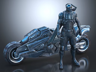 Futuristic Armored Character Standing By Advanced Tech Motorcycle In Sci Fi Design 3d model