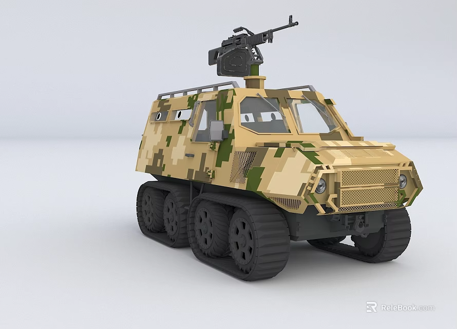 Camouflaged Tracked Utility Vehicle With Machine Gun Mounted On Top And Rugged Design 3d model 