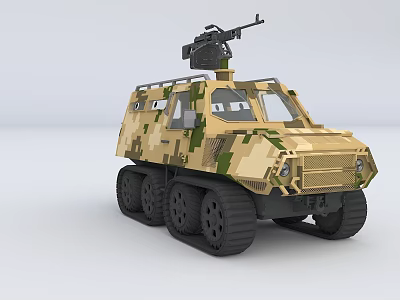 Camouflaged Tracked Utility Vehicle With Machine Gun Mounted On Top And Rugged Design 3d model