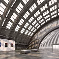 Modern Open Exhibition Hall with Arched Glass Roof White Walls and Displayed Artworks