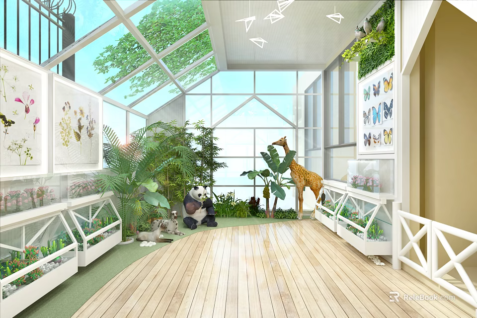 Spacious Villa Balcony With Glass Roof Wooden Floor Lush Plants Animal Decorations And Butterfly Paintings 3d model 