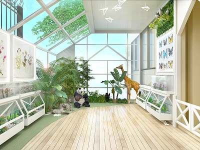 Spacious Villa Balcony With Glass Roof Wooden Floor Lush Plants Animal Decorations And Butterfly Paintings 3d model