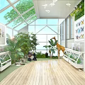 Spacious Villa Balcony With Glass Roof Wooden Floor Lush Plants Animal Decorations And Butterfly Paintings