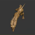Golden Dog Like Creature Sculpture With Mane And Metallic Body On Gray Background