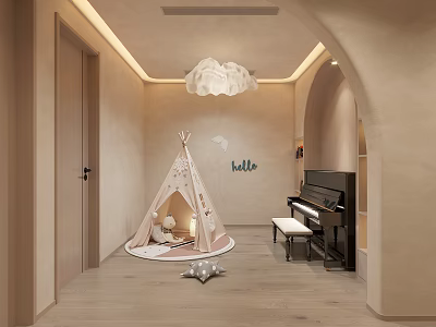 Cozy Modern Piano Room Interior Design With Piano And Teepee 3d model