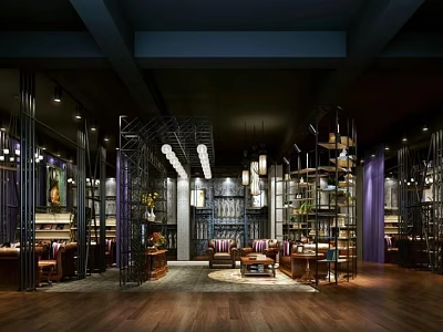 Modern Hotel Public Lounge Area With Wooden Flooring Sofas Bookshelves And Decorative Lanterns 3d model