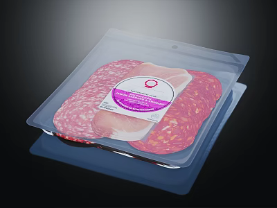 Sliced Meats In Transparent Plastic Container With Sausage Ham And Label 3d model