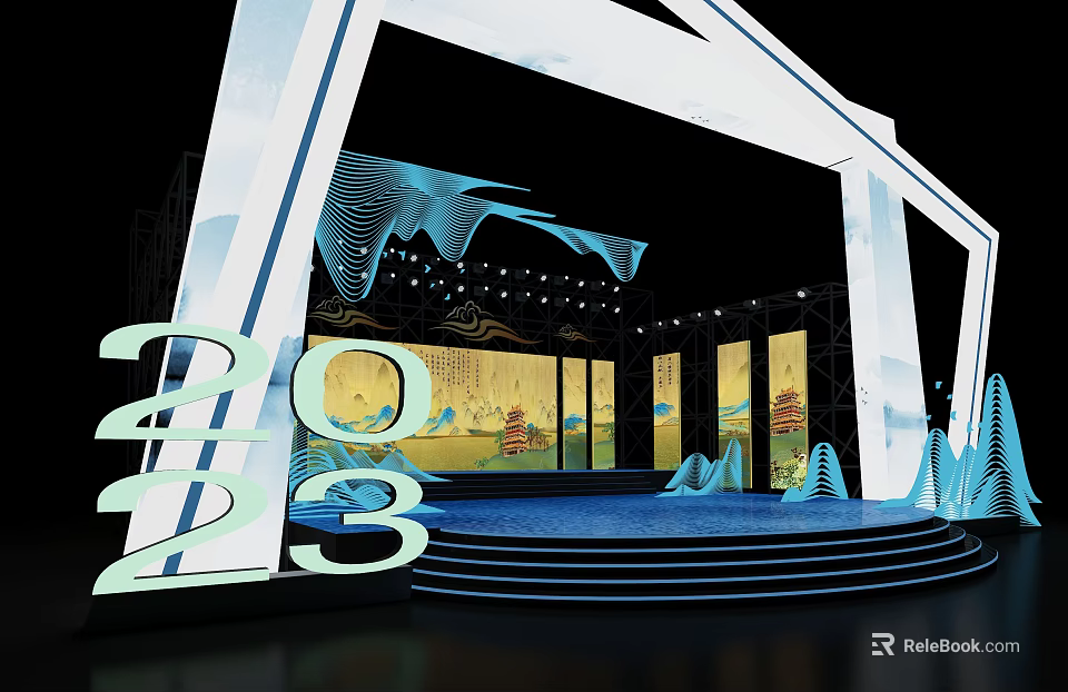 2023 Stage Design With Blue Wave Decor Landscape Screens Steps And Lighting 3d model 