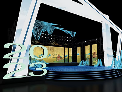 2023 Stage Design With Blue Wave Decor Landscape Screens Steps And Lighting 3d model