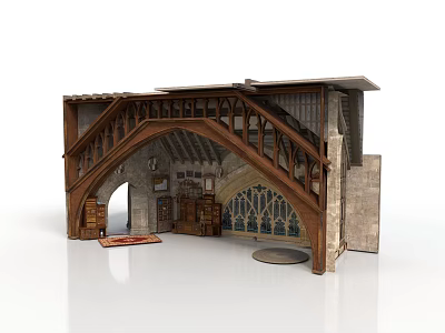 Medieval Gothic Architectural Model With Arched Wooden Frames And Stained Glass Windows 3d model