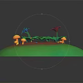 Vibrant Garden Plants With Red Blue Flowers Yellow Mushrooms And Green Leaves