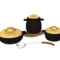 Black and Yellow Ceramic Kitchenware Set with Lids and Serving Spoon 3d model
