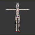Game and Movie Character with Silver Hair Colorful Bodysuit Tattoos Red High Heels Arms Outstretched