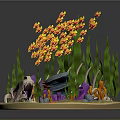 3D Undersea Diorama With Orange Fish Small Creatures Green Seaweed Purple Coral And White Skeleton