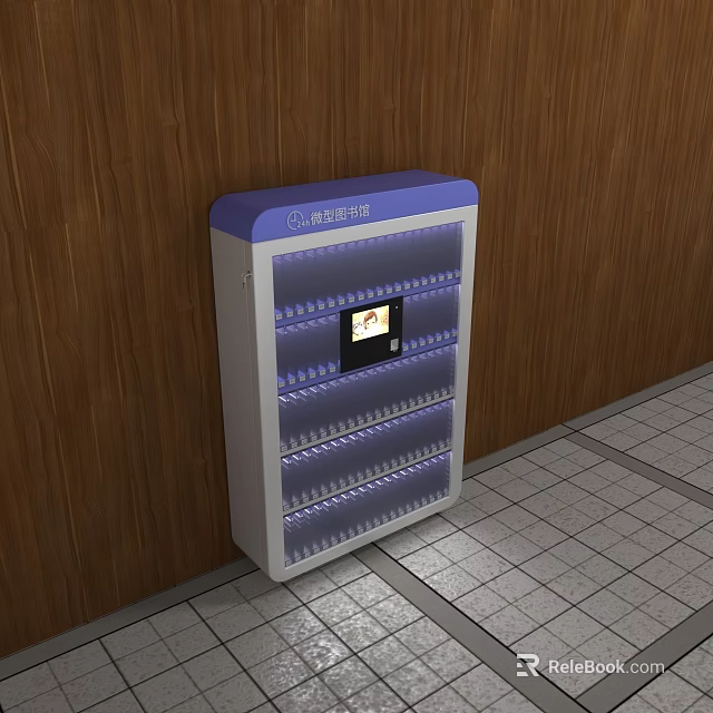 Blue And White Modern Bookcase With Digital Display Panel Against Wooden Wall On Tile Floor 3d model 