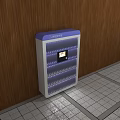 Blue And White Modern Bookcase With Digital Display Panel Against Wooden Wall On Tile Floor
