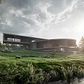 Contemporary Detached Villa With Unique Curved Architecture Amid Green Grass And Flower Beds