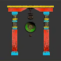 Vibrant Green Circular Hanging Decoration With Red Pillars Blue Accents And Yellow Top Metal Components