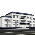 White Building Exterior Design With Blue Roof Front Square Trees Blue Sky