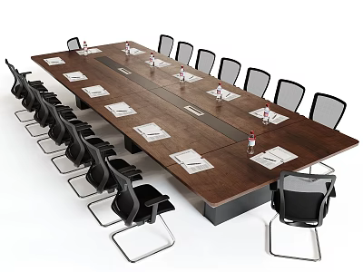 Long Wooden Conference Table With Black Mesh Chairs White Papers And Clear Cups 3d model