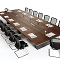 Long Wooden Conference Table With Black Mesh Chairs White Papers And Clear Cups