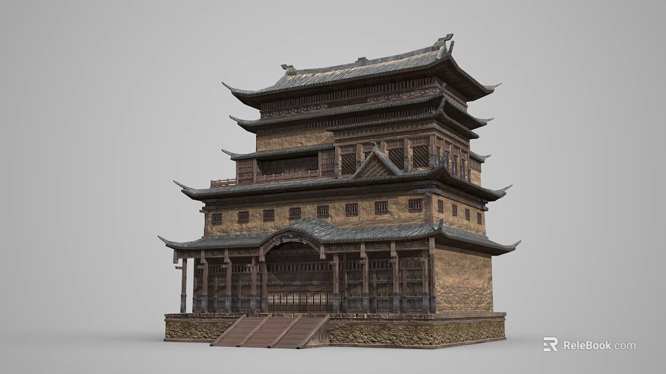 Ancient Chinese Architecture With Multi Story Tower Traditional Roof Overhanging Eaves And Wooden Structure 3d model 