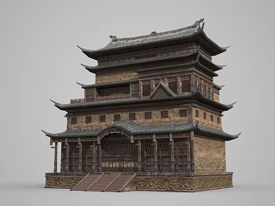 Ancient Chinese Architecture With Multi Story Tower Traditional Roof Overhanging Eaves And Wooden Structure 3d model