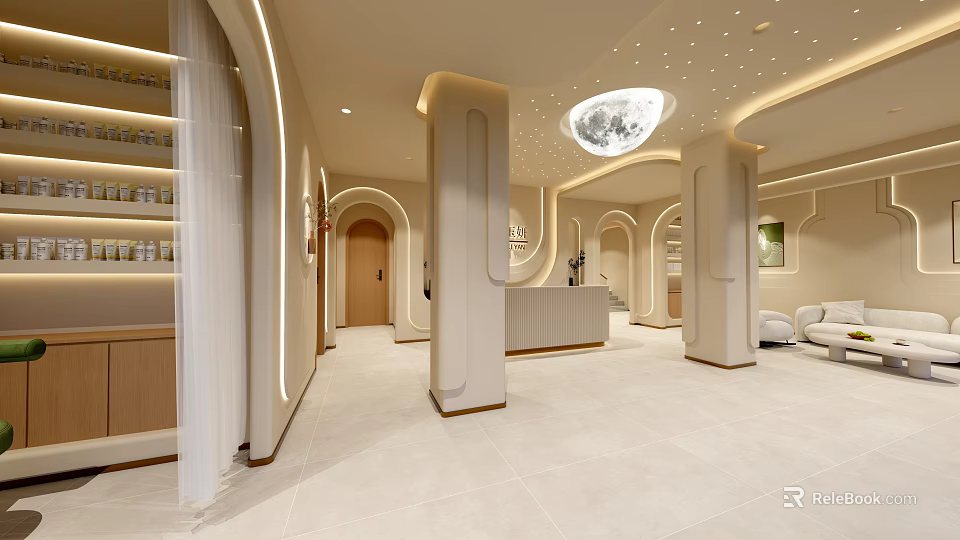 Modern Beauty Hair Salon Interior Design With Reception Desk Decorative Columns And Soft Lighting 3d model 