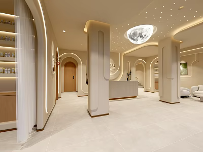 Modern Beauty Hair Salon Interior Design With Reception Desk Decorative Columns And Soft Lighting 3d model