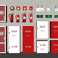 Red And White Fire Safety Equipment With Hydrant Cabinets Extinguishers Alarms And Indicator Lights