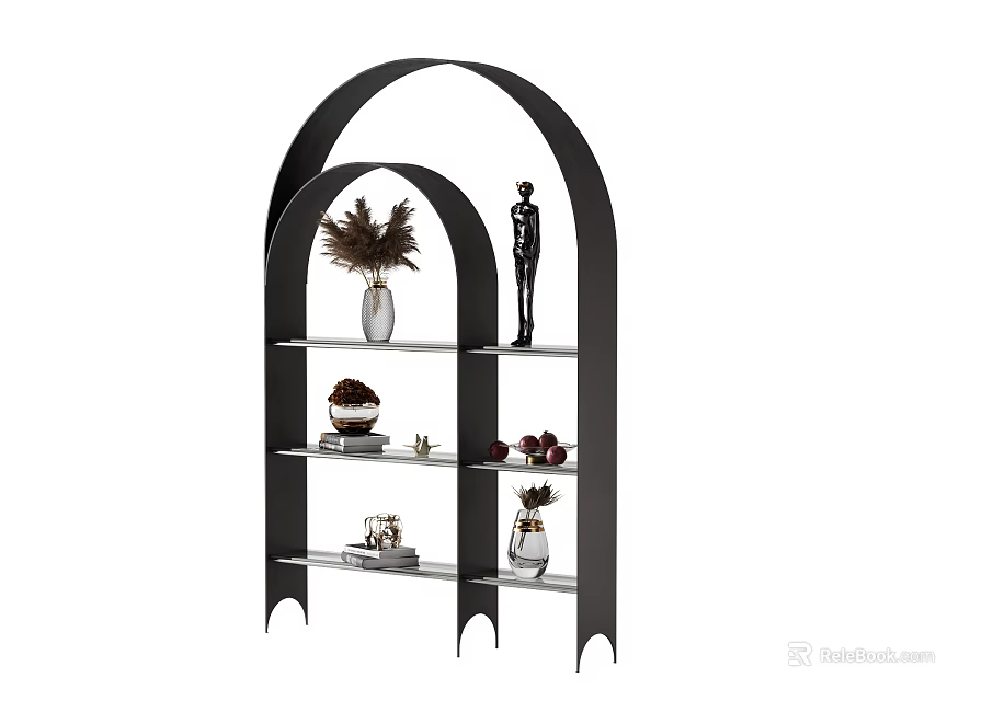 Modern Black Bookcase with Arch Structure and Decorative Items on Shelves 3d model 