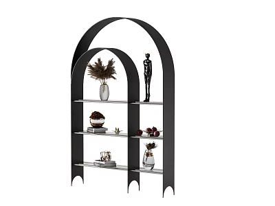 Modern Black Bookcase with Arch Structure and Decorative Items on Shelves 3d model