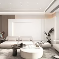 Modern Living And Dining Area With Light Colored Sofas Marble Countertop And Open Layout 3d model