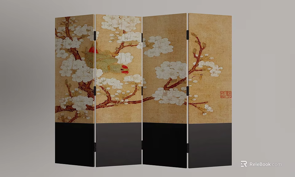 Chinese Style Folding Screen With Plum Blossom Pattern Beige And Black Design 3d model