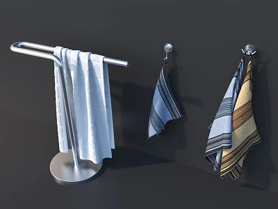 White Towel On Standing Rack And Striped Towels Hanging On Wall Hooks 3d model