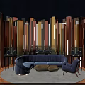 Stylish Interior With Curved Blue Sofa Accent Chair And Colorful Vertical Panel Wall