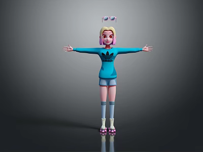 Game Movie Character Blonde Hair Pink Glasses Blue Adidas Sweatshirt Blue Shorts Striped Socks Pink Shoes 3d model