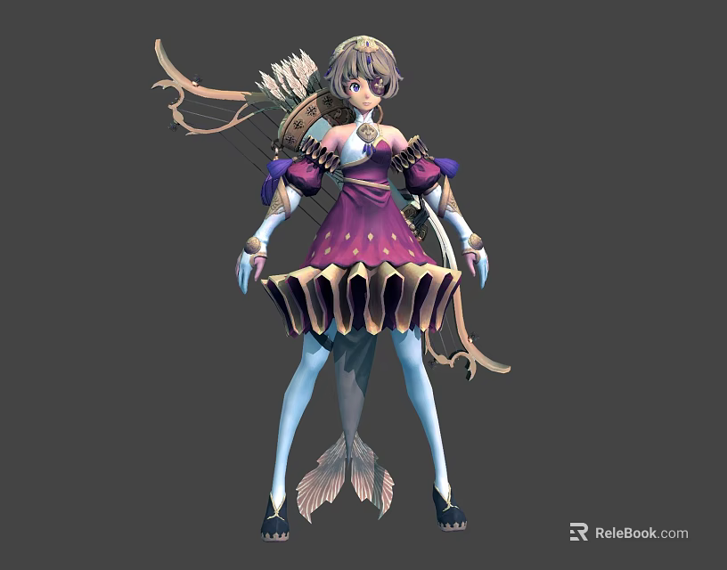 Fantasy Female Character With Purple Shell Dress Mermaid Tail And Bow Arrow 3d model 