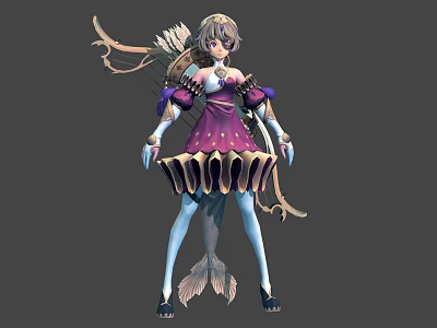 Fantasy Female Character With Purple Shell Dress Mermaid Tail And Bow Arrow 3d model