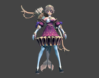 Fantasy Female Character With Purple Shell Dress Mermaid Tail And Bow Arrow 3d model