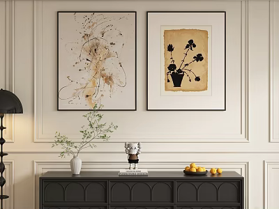 Two Abstract Paintings Hanging On Interior Wall With Decorative Vase Figurine And Fruits 3d model