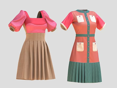 Two Stylish Dresses Featuring Puffed Sleeves Pleated Skirts and Pink Brown Orange Green Hues 3d model