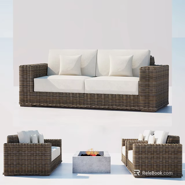 Modern Outdoor Wicker Sofa Set With White Cushions Matching Chairs And Fire Pit Table 3d model 