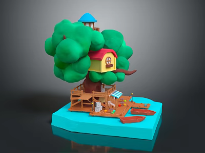 Wooden Tree House Building With Green Foliage Red Roof Yellow Walls Blue Tower And Wooden Platform 3d model